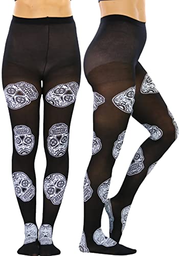 Image of ToBeInStyle Women's Sugar Skull Dia de los Muertos La Catrina Skeleton Bones Tights & Thigh High Stockings