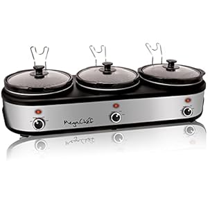 MegaChef Warmer Elite 2.5 Quart Slow Cooker and Buffet Server in Brushed Silver and Black Finish with 3 Ceramic Cooking Pots and Removable Lid Rests MegaChef Warmer Elite 25 Quart Slow Cooker and Buffet Server in Brushed Silver and Black Finish with 3 Ceramic Cooking Pots and Removable Lid Rests