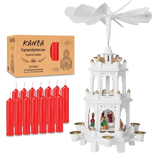 BRUBAKER Weiße Weihnachtspyramide inkl. 50er Pack Pyramidenkerzen Rot...