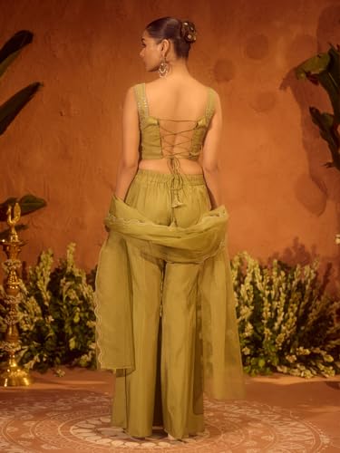 Image of FIORRA Women Olive Green Viscose Chanderi Embroidered Ethnic Top Palazzo Set with Dupatta