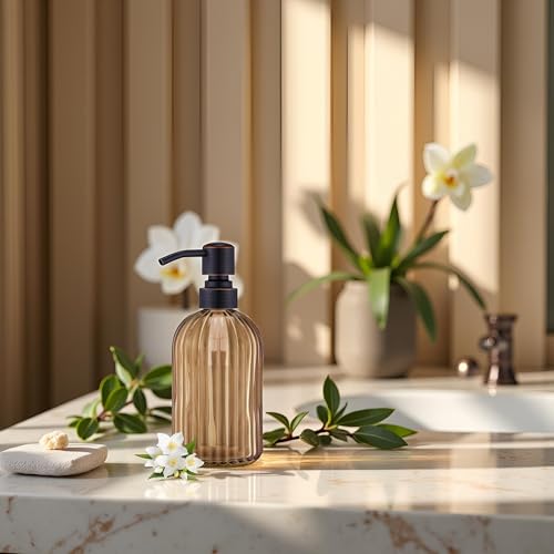Image of Avola Amber Glass Soap Dispenser, Vertical Stripes Bathroom Hand Soap Dispensers with Oil Rubbed Bronze Pump, 16 Oz Glass Kitchen Dish Soap Dispenser,Stainless Steel Liquid Brown Soap Dispensers