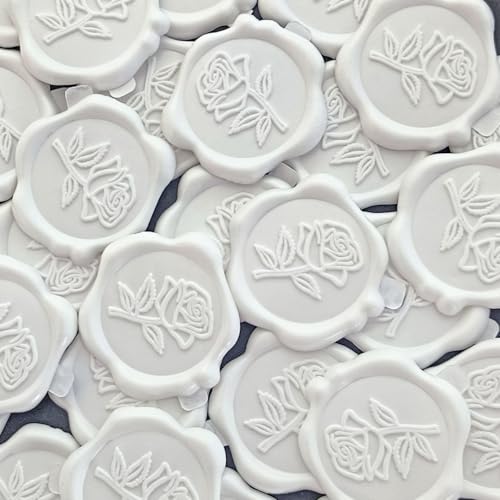 Pilloze 50 Pcs Adhesive White Rose Wax Seal Stickers, Roses Seal for Envelope, Easy to Use and Good Adhesion White Envelope Stickers, Wedding Invitation Accessories