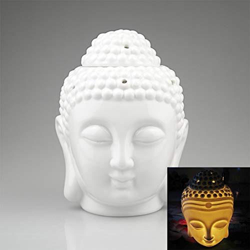EVERGD Estatua de cabeza de Buda de cerámica hueca para horno de aromaterapia, quemador de aceite para sala de yoga o meditación, 14 x 9 cm, color blanco
