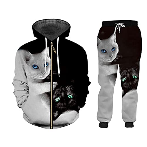Ensemble 2 pièces chat noir et blanc à capuche et zip XXXXXXL pour hommes et femmes