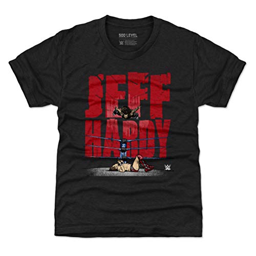 500 LEVEL Jeff Hardy WWE Youth Shirt (Kids Shirt, 10-12Y Large, Tri Black) - Jeff Hardy Swanton Bomb WHT