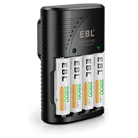 EBL Rechargeable AA Batteries 4 Pack, Precharged Double A Battery 2800mAh and AA AAA Battery Charger with Foldable Wall Plug Cover