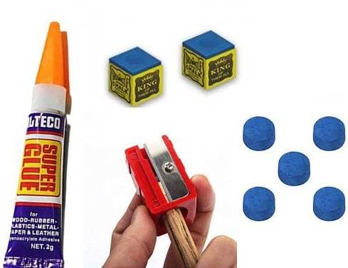KBA Billiard Snooker Pool Cue Stick Accessories Kit (Blue Tip - 5 Pcs,Chalk - 2 Pcs, Sharpener - 1 Pcs & Glue Gel)