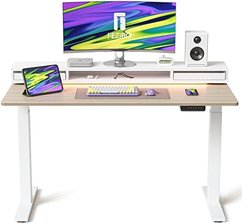 FEZIBO 48 × 26 Inch Electric Standing Desk with Monitor Stand, Height Adjustable Table with LED Strips, Ergonomic Home Office Furniture with 2 Drawers Storage Gaming Workstation, Light Walnut Top
