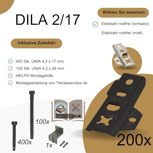 DILA 2 Universal Terrassenverbinder-Set Terrassenbefestigung Edelstahl SCHWARZ inklusiv Schrauben 17 mm für Dielen 19-23 mm (200 Stück)