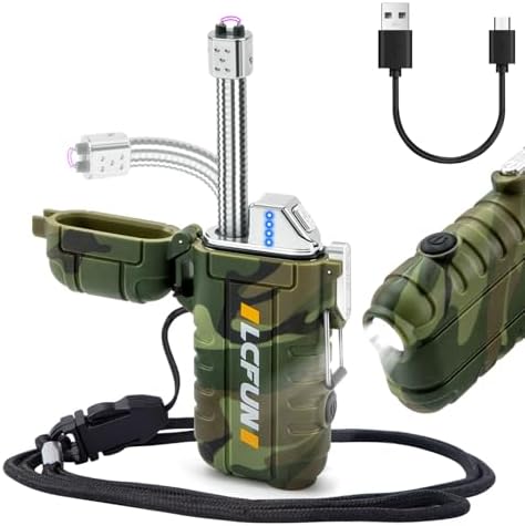 LcFun Electric Lighter USB Rechargeable Arc Lighters Windproof Plasma Lighters with LED Battery Display, Waterproof Electronic Flashlight Lighter with Whistle for Camping, Survival Tactical Gear