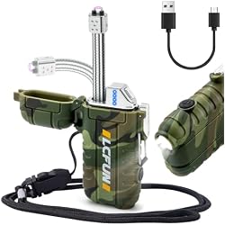 LcFun USB Rechargeable Electric Arc Lighters Windproof Plasma Lighter with LED Battery Display, Waterproof Matches with Flashlight for Camping, Survival Tactical Gear
