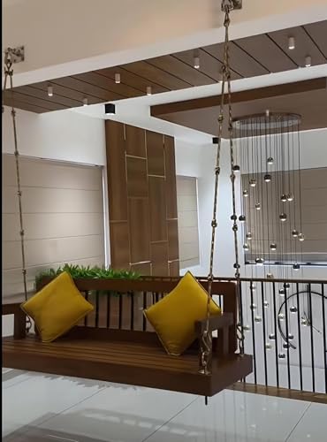 Image of Wooden Jhula Swing for Living Room | Hanging Balcony Swing Chair | Solid Wood 2-Seater Jhoola for Living Room, Balcony & Terrace | Ceiling Mounted Swing for Home Decor