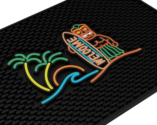 Welcome Tiki Bar Mat 18x12 in, Silicone Tiki Decor, Surfboard Welcome Sign Greeting, Tropical Home Accessories, Luau Party Decorations, Host Gift, Bar Cart Decor