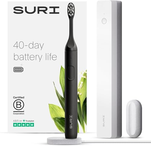 SURI Sustainable Sonic Toothbrush - Electric Toothbrush Adults - Slim and Powerful Travel Toothbrush with UV Cleaning Case - Recyclable Plant-Based Head, 2 Modes, Mirror-Mount, and Charging Stand