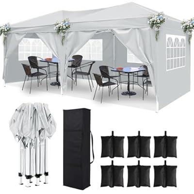 DOINUO 10x20 White Pop Up Canopy Outdoor Tent Party Tent with 6 Sidewalls, Wedding Party Tent Outdoor Canopy Waterproof UV50 Canopy Tent Event Shelter for Parties, 6 pcs Weight Bag,Carry Bag