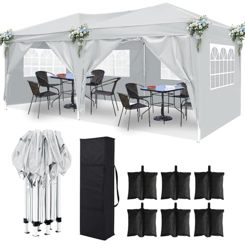 DOINUO 10x20 White Pop Up Canopy Outdoor Party Tent with 6 Sidewalls, Wedding Party Tent Outdoor Waterproof UV50 Canopy Event Shelter Tents for Parties, 6 pcs Weight Bag,Carry Bag