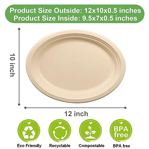 Oval Paper Plates Brown, 12 Inch Large Paper Plates, Eco Friendly Disposable Plates, Paper Plates Heavy Duty, Paper Dinner Plates 9.5 X 7 Inch Inside, Paper Plates Bulk 100 Pack #TOP2