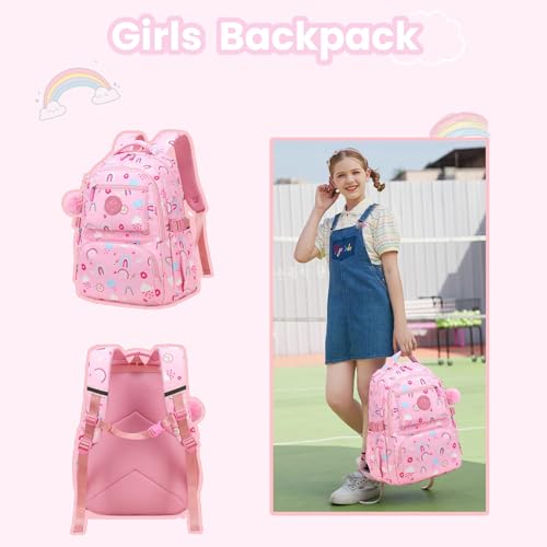 Kids Backpack for Girls,Rainbow Print Bookbag Elementary School Bag,Cute Daypack With Plush Pendant Lightweight Purple Girls Backpack4