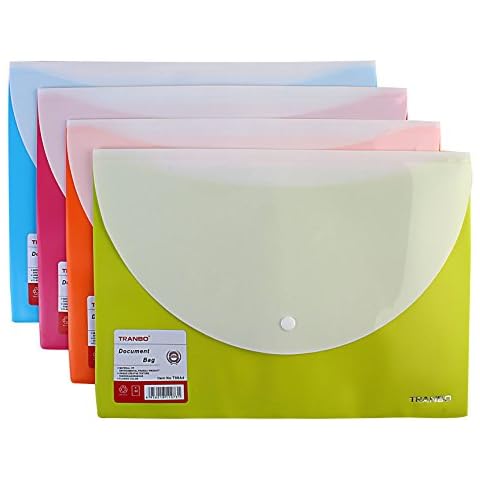 Tranbo PP A4 Document Bags With Front & Back Pockets, Set Of 4, (Assorted Colors) Cover