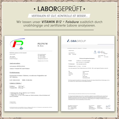 VITAMIN B12 hochdosiert - 365 Tabletten mit 500 µg Vit B12 + 200 µg Biofolate® Folsäure - Methylcobalamin, Adenosylcobalamin & Hydroxocobalamin Vitamin B12 - laborgeprüft mit Zertifikat - 100% vegan – Bild 7