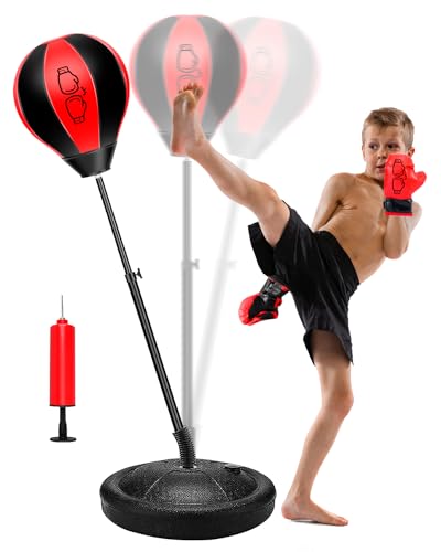 JUOIFIP Punching Ball Boxeos,Saco Boxeo Niños de Altura Ajustable - Saco de Golpes con Guantes de Boxeo, Pelota de Golpeo y Bomba para Niños Niñas Menores de 12 años