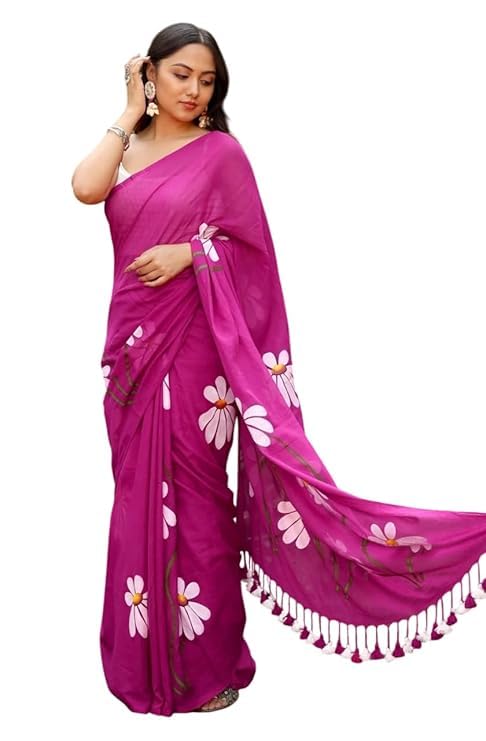 Rajeshwar Fashion (Women's Linen Cotton saree with digital floral print and latkan work | casual wear | Linen cotton | flower design | Unstitched blouse |