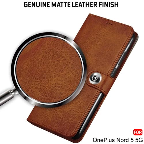 Image of TheGiftKart heGiftKart Genuine Leather Finish Flip Back Cover Case for OnePlus Nord 5 5G | Inbuilt Pockets & Stand | Wallet Style | Designer Button Magnet Flip Back Cover Case (Faux Leather, Brown)