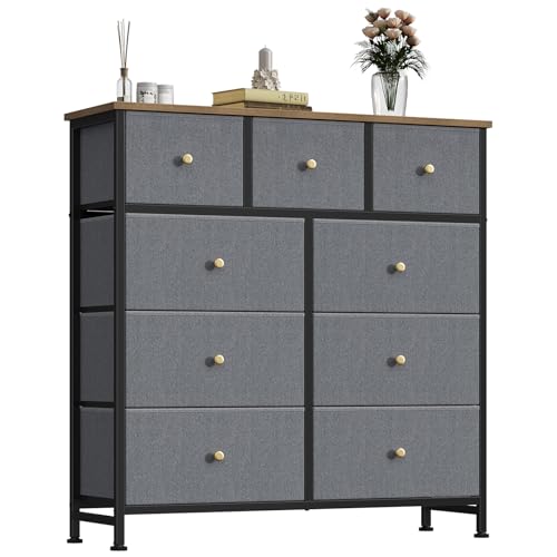 Image of OLIXIS 9 Drawer Tall Dresser for Bedroom, Closet Organizers and Storage | Fabric Dresser with Wooden Top, Chest of Drawers for Clothes Storage, Tower Cabinet, Furniture, TV Stand, Gray Blue