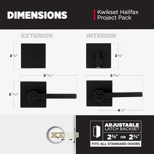 Image of Kwikset Halifax Square Front Door Lock Handle and Deadbolt Set, Entry Exterior with Interior Reversible Lever, Matte Black, Project Pack, Pick Resistant SmartKey Rekey Deadbolt Security