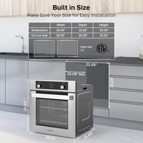 Image of 24 Inch Electric Wall Oven, ETL Certified, ThermoMate Built-in Oven with 2.6 Cu.ft Capacity, 9 Working Functions, Sensor Touch Control, Anti-Mistouch Knob, Stainless Steel
