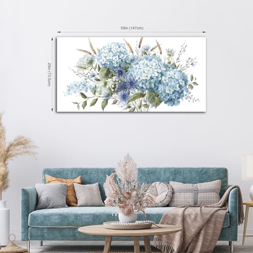Image of VEAEE Flowers Canvas Wall Art - Blue Floral Canvas Pictures, Living Room Wall Decor, Blue Hydrangea Botanical Canvas Prints Painting Abstract Artwork Bedroom Office Kitchen Home Decoration 29 inchx 58 inch