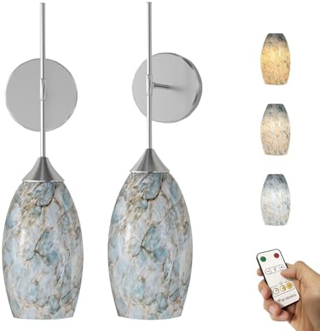 Brushed Nickel Battery Operated Wall Sconces Set of 2, Rechargeable Wireless Wall Lights, Touch & Remote Control, Dimmable 3 Color Temperatures, Magnetic Mount Hand-Blown Glass Sconce