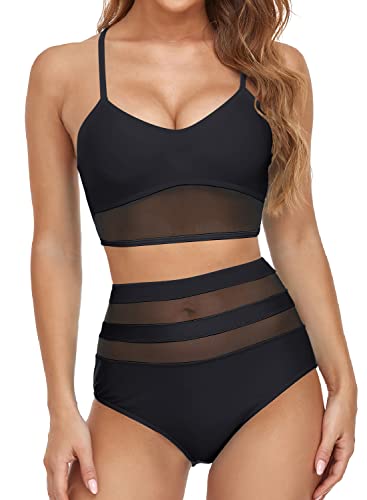 Husmeu Women's High Waisted Bikini Set Swimsuit for Women Tummy Control Two Piece Swimwear Mesh Padded Sporty Bathing Suits