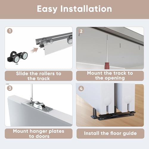 JUBEST Bypass Door Hardware 48", Aluminum Sliding Closet Door Hardware Set with Finger Pull Included, Smoothly and Quietly, for 2 Door System, Fit Door Thickness 1 3/8" or 1 3/4", Easy to Install by JUBEST - Used condition - Image 6