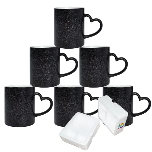 MR.R 11oz Set of 6 Sublimation Blank Magic Ceramic Mug Black Full Color Changing Mug Star Shinny Point and Heart Shape Handle for Coffee Latte,Black color
