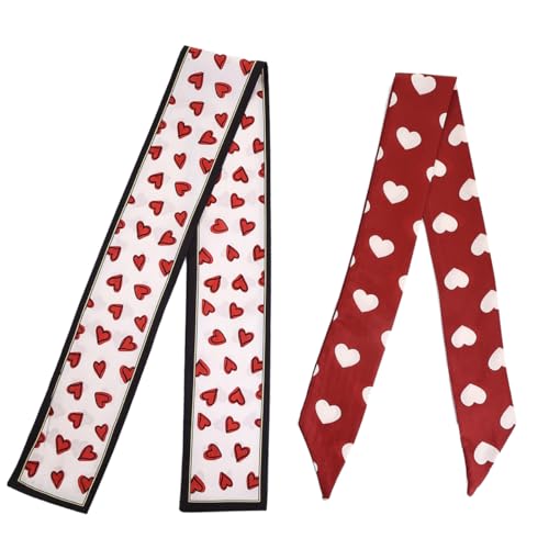 Fuyage Heart Print Valentine Skinny Scarves, 2 Piece Set, Neck Tie and Hair Band, Red and White