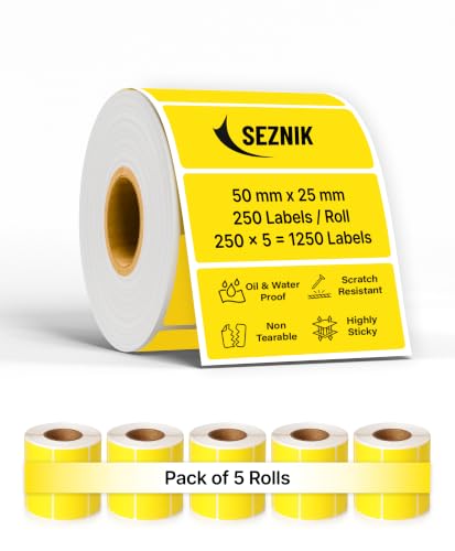 Image of SEZNIK Waterproof, Non-Tearable, Long Lasting Print, Sticky Thermal Lables, Label Roll, 2 inch Adhesive Thermal Labels for Label Printers (50mmx25mm) - 1250 Lables, Yellow