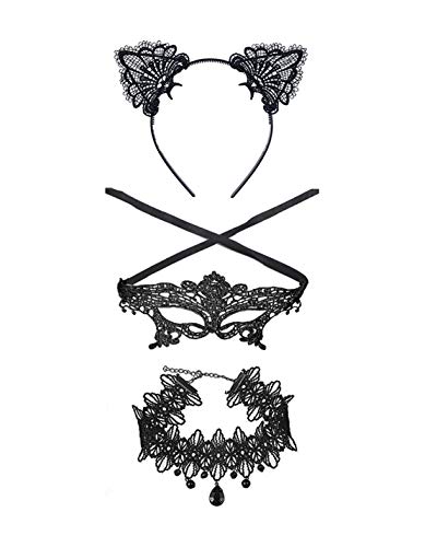 Zealmer Shoopic Sexy Cat Ear Headband Lace Masquerade Mask Black Choker Cosplay Costume Jewelry