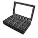 Pocket Watch Box Display Case Wood Large Compartments Glass Window (Black)