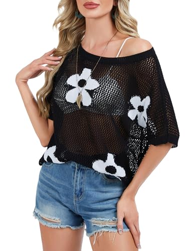 Image of Crochet Tops for Women Off The Shoulder Beach Coverup for Swimsuit Oversized Hollow Out Summer Tops