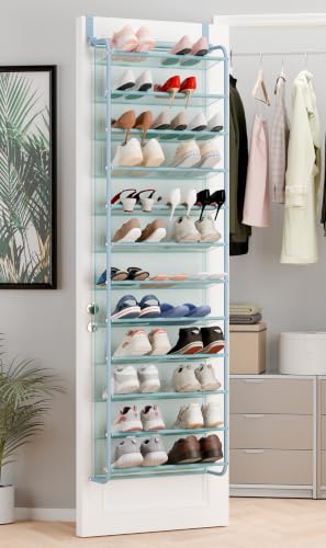 Image of Whitmor 36 Pair Over the Door Shoe Rack,12 Tier Hanging Shoe Organizer with Metal Frame & Mesh shelves, Heavy Duty Shoe Storage Holder for Door,No Drill Installation, 74 inch H x 21.7 inch W x 7.5 inch D, Blue