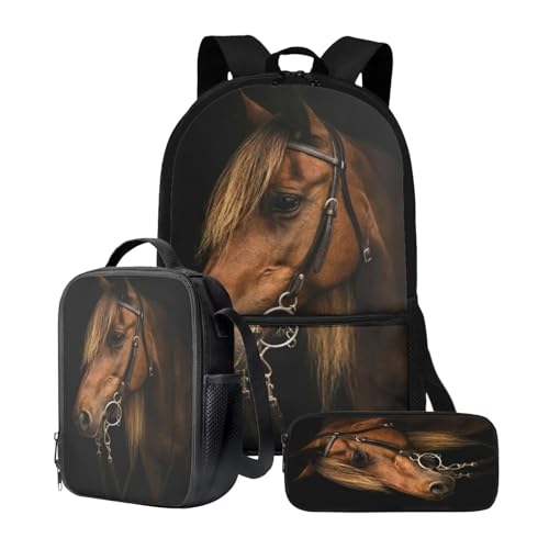Sac à dos d'école cheval marron pour éviter les cahiers abîmés avec boîte à déjeuner incluse