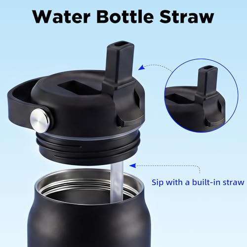 Image of 32 oz Insulated Water Bottle with Straw, Leakproof Stainless Steel Bottle with Handle, Non-Slip Silicone Sleeve, Internal Markings, Dishwasher Safe for Travel, Gym, Sports,Black