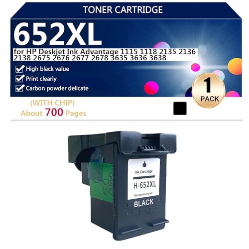 652XL Cartucho de Tinta de Repuesto para HP Deskjet Ink Advantage 1115 1118 2135 2136 2138 2675 2676 2677 2678 3635 3636 3638 Impresoras, 700 Páginas,Black-1 Pack