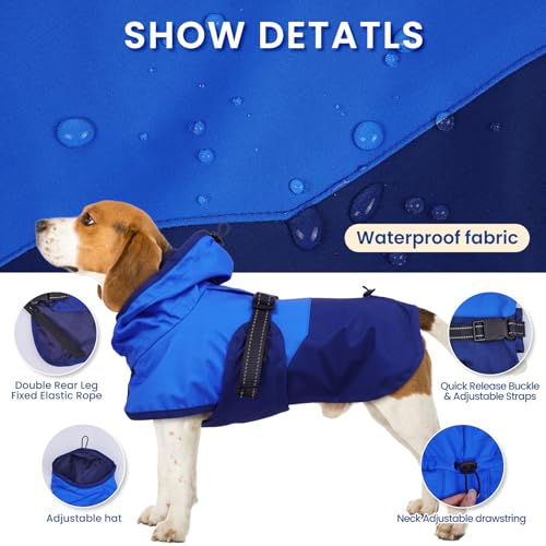 Image of BRKURLEG Dog Raincoat, Waterproof Rain Jacket with Hood, Blue, XXL | Adjustable Windproof Rainproof Jacket with Leash Hole, Reflective Breathable Rain Coat Poncho, for Small to Large Dogs