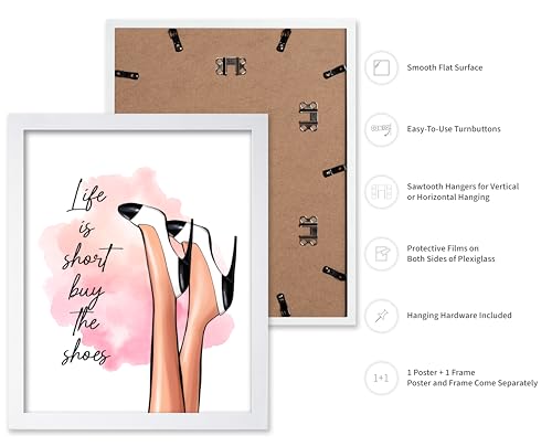Image of Poster Master Life is Short Buy The Shoes Poster - Fashion Print - Trendy Art - Modern Art - Gift for Her & Fashionista - Luxury Haute Couture Decor for Bedroom or Girls Room, 8x10 White Framed