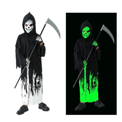 AEYAKA Costume Grim Reaper Bambini Fosforescente, Cappuccio Nero con Maschera Teschio, Guanti, Falce per Ragazzi e Ragazze, Costume Fantasma Spaventoso Cosplay Halloween Regali S