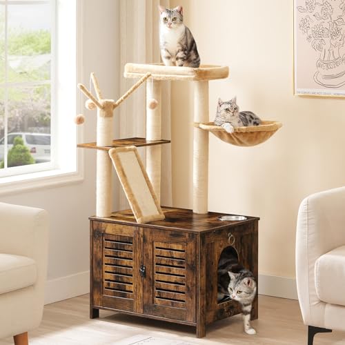 HOOBRO Cat Tree with Litter Box Enclosure, 44" Tall Wooden Cat Tower with Scratching Posts, Cat Hammock, Hidden Litter Box Furniture, All-in-One Indoor Cat Condo, Rustic Brown FG48MZ03 by HOOBRO - Image 8