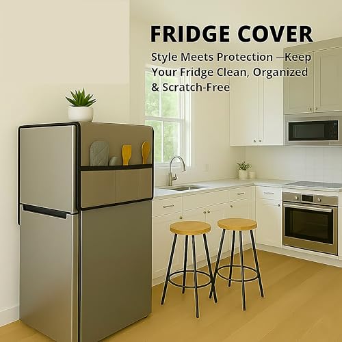 Image of Refrigerator Single Door Waterproof, Dustproof, Refrigerator Top Cover, Protective Cover for Fridges with Extra Storage Space Nylon Top cover with 6 Storage Pockets ( Brown, 130 x 54 cm )