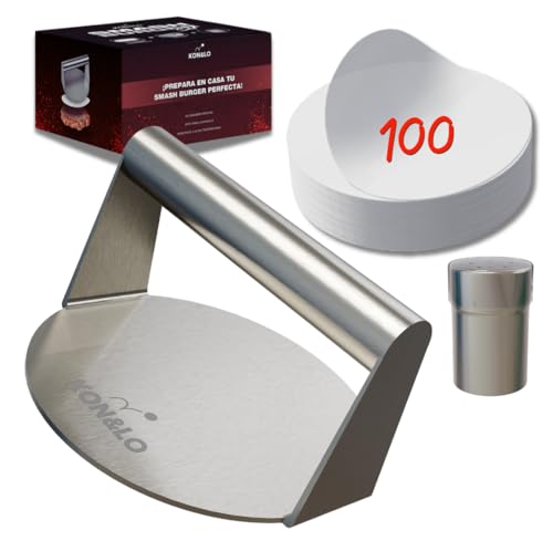 Kit Smash Burger Profesional – Prensa de Acero Inoxidable con Especiero y 100 Papeles Antiadherentes | Ideal para Barbacoa, Sartén o Cocina Casera.